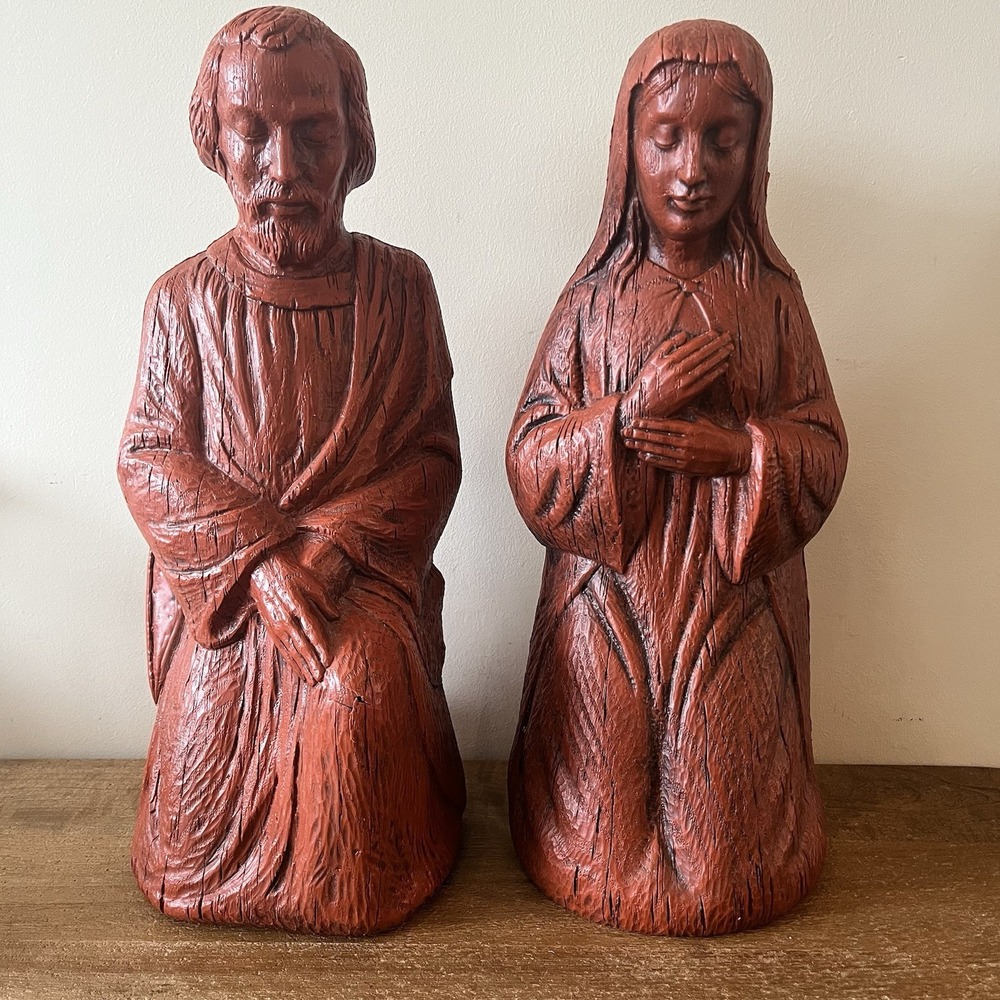 VTG Empire Plastic Blow Mold Nativity Mary Joseph 17" Faux Wood Grain Christmas